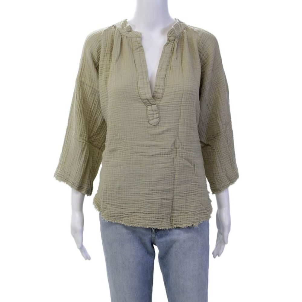 9 Seed Women's 3/4 Sleeves Raw Hem Cotton Blouse Sage Green Size 1